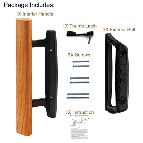 HauSun Mortise Style Reversible Sliding Patio Door Handle Set with Oak Wood Interior Handle and Exterior Pull in White Diecast Finish Fits 3-15/16” Screw Hole Spacing, Non-keyed with Latch Locks (Black) - Image 3