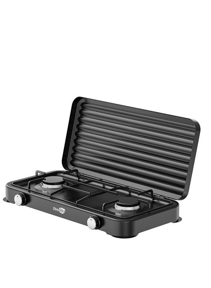 موقد غاز 2 شعلةموقد غاز محمول مع موقدين، موقد غاز من الفولاذ المقاوم للصدأ عالي الجودة مع سطحين للطهي، حرارة موحدة، موقد مطبخ منزلي، موقد سطح المكتب، موقد غاز مناسب للرحلات والتخييم، SGS-6002 (أسود). - Image 1