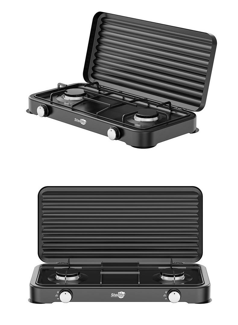 موقد غاز 2 شعلةموقد غاز محمول مع موقدين، موقد غاز من الفولاذ المقاوم للصدأ عالي الجودة مع سطحين للطهي، حرارة موحدة، موقد مطبخ منزلي، موقد سطح المكتب، موقد غاز مناسب للرحلات والتخييم، SGS-6002 (أسود). - Image 2