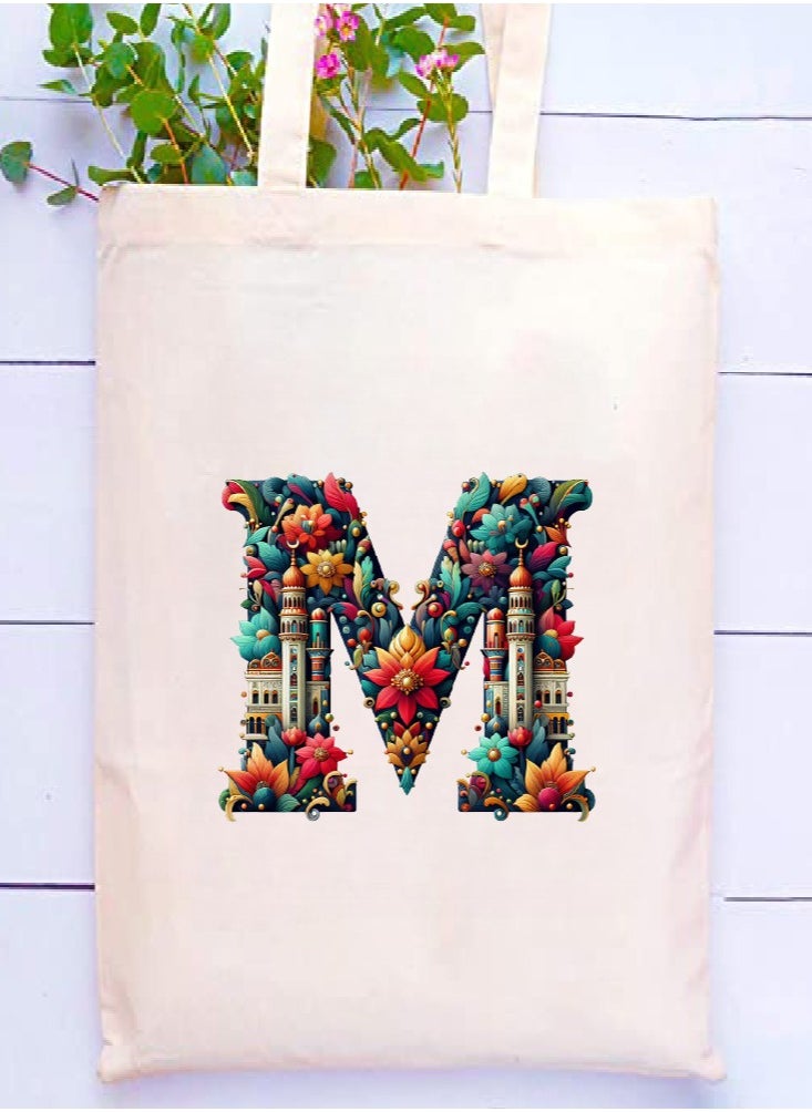 PRINTSHOP4ME - Initial Monogram Tote Bag - Cotton Tote with Initial Design Printed - Perfect for School, Travel and Birthday Gift - Eco-Friendly Canvas Cotton Tote Bag for Women - Gift for Ramadan - Image 1
