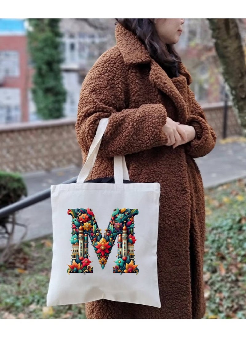 PRINTSHOP4ME - Initial Monogram Tote Bag - Cotton Tote with Initial Design Printed - Perfect for School, Travel and Birthday Gift - Eco-Friendly Canvas Cotton Tote Bag for Women - Gift for Ramadan - Image 1