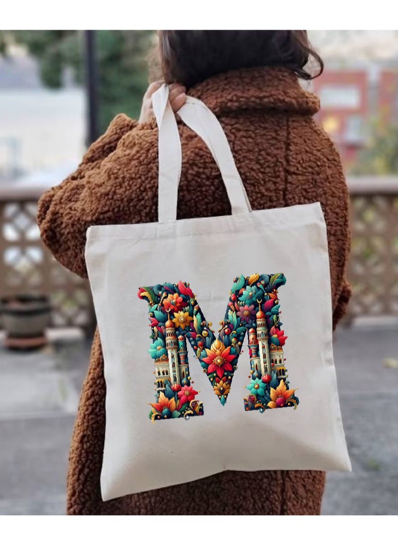 PRINTSHOP4ME - Initial Monogram Tote Bag - Cotton Tote with Initial Design Printed - Perfect for School, Travel and Birthday Gift - Eco-Friendly Canvas Cotton Tote Bag for Women - Gift for Ramadan - Image 1