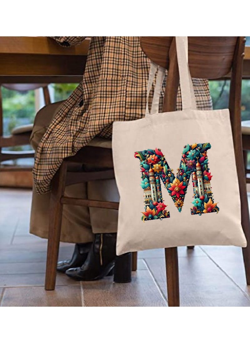 PRINTSHOP4ME - Initial Monogram Tote Bag - Cotton Tote with Initial Design Printed - Perfect for School, Travel and Birthday Gift - Eco-Friendly Canvas Cotton Tote Bag for Women - Gift for Ramadan - Image 1