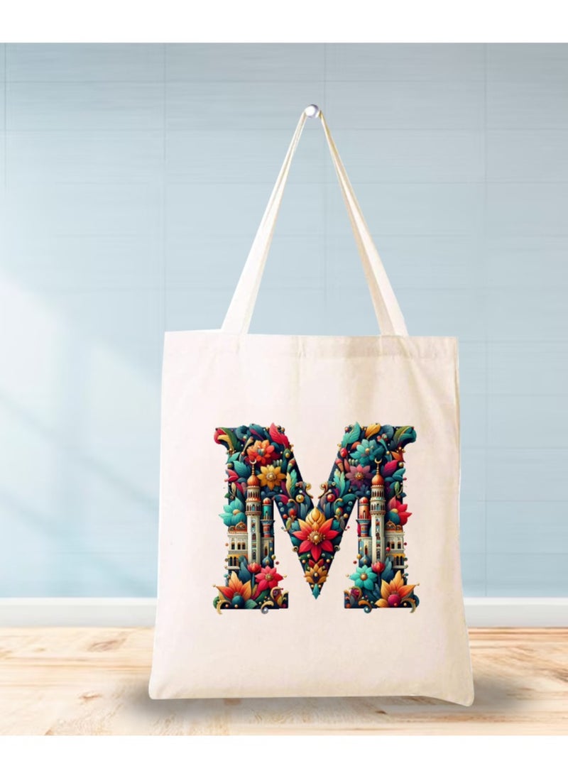 PRINTSHOP4ME - Initial Monogram Tote Bag - Cotton Tote with Initial Design Printed - Perfect for School, Travel and Birthday Gift - Eco-Friendly Canvas Cotton Tote Bag for Women - Gift for Ramadan - Image 1