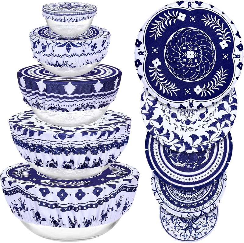 Revahope 5 Pieces Bowl Covers Reusable, 5 Size Elastic Cloth Fabric Bowl Covers for Bread Proofing Stretch Food Covers Washable for Food Fruits Leftover (Blue) - Image 1