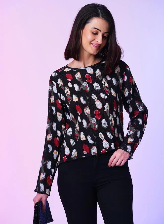 جلو باص Globus Printed Round Neck Long Sleeves Top