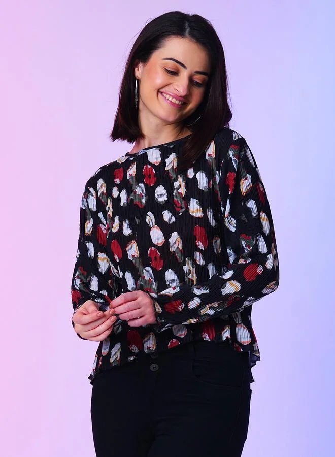 جلو باص بلوزة جلوبس بأكمام طويلة ورقبة دائرية مطبوعة