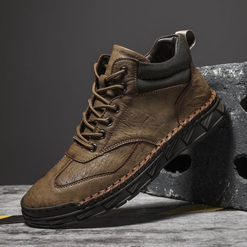 Men's PU Leather Ankle Boots Casual Lace-up Flat Heel - Image 2