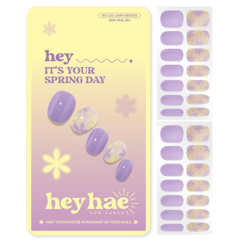 Heyhae Semi Cured Gel Nail Strips | No LED Lamp Needed | Purple, Floral | Easy Apply & Remove, Salon Quality | Includes 28 Strips, 2 Prep Pads, Nail File & Wooden Stick - Hey, It's Your Spring Day - Image 1
