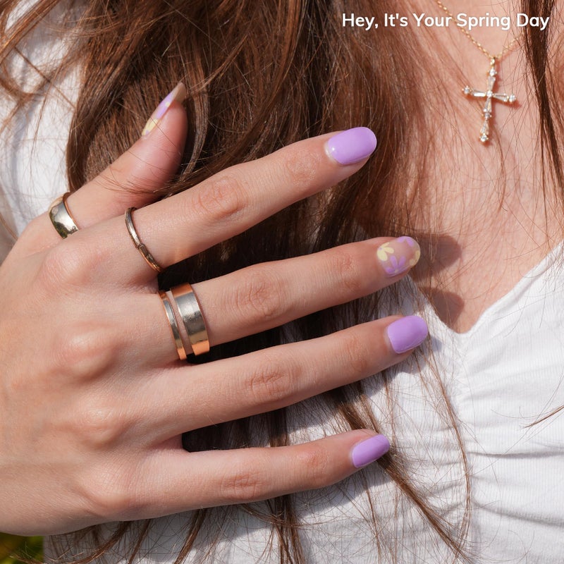 Heyhae Semi Cured Gel Nail Strips | No LED Lamp Needed | Purple, Floral | Easy Apply & Remove, Salon Quality | Includes 28 Strips, 2 Prep Pads, Nail File & Wooden Stick - Hey, It's Your Spring Day - Image 2