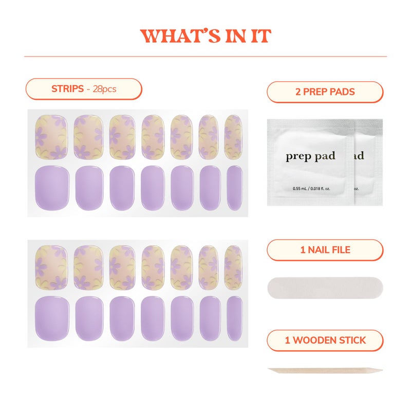 Heyhae Semi Cured Gel Nail Strips | No LED Lamp Needed | Purple, Floral | Easy Apply & Remove, Salon Quality | Includes 28 Strips, 2 Prep Pads, Nail File & Wooden Stick - Hey, It's Your Spring Day - Image 3