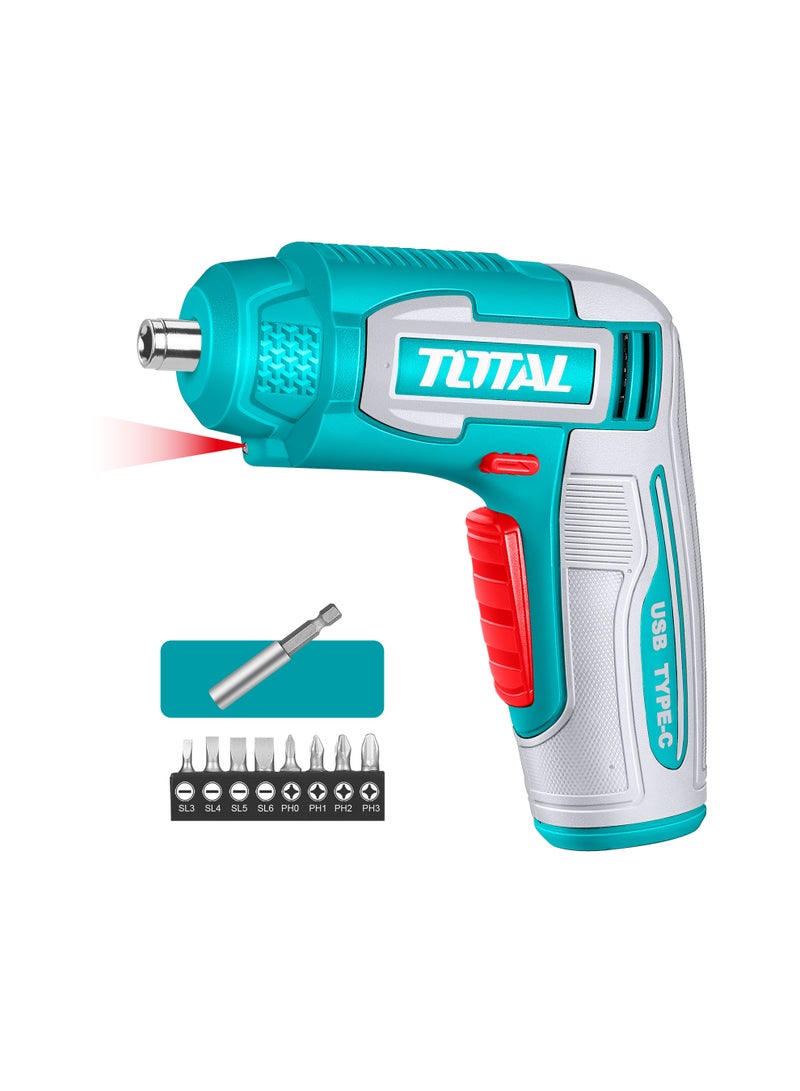TOTAL 4V Cordless Screwdriver - Compact 1/4" Hex Electric Driver with USB-C Charging, 240RPM, 4N.m Torque & 10-Piece Bit Set - TSDLI0458 - Image 1