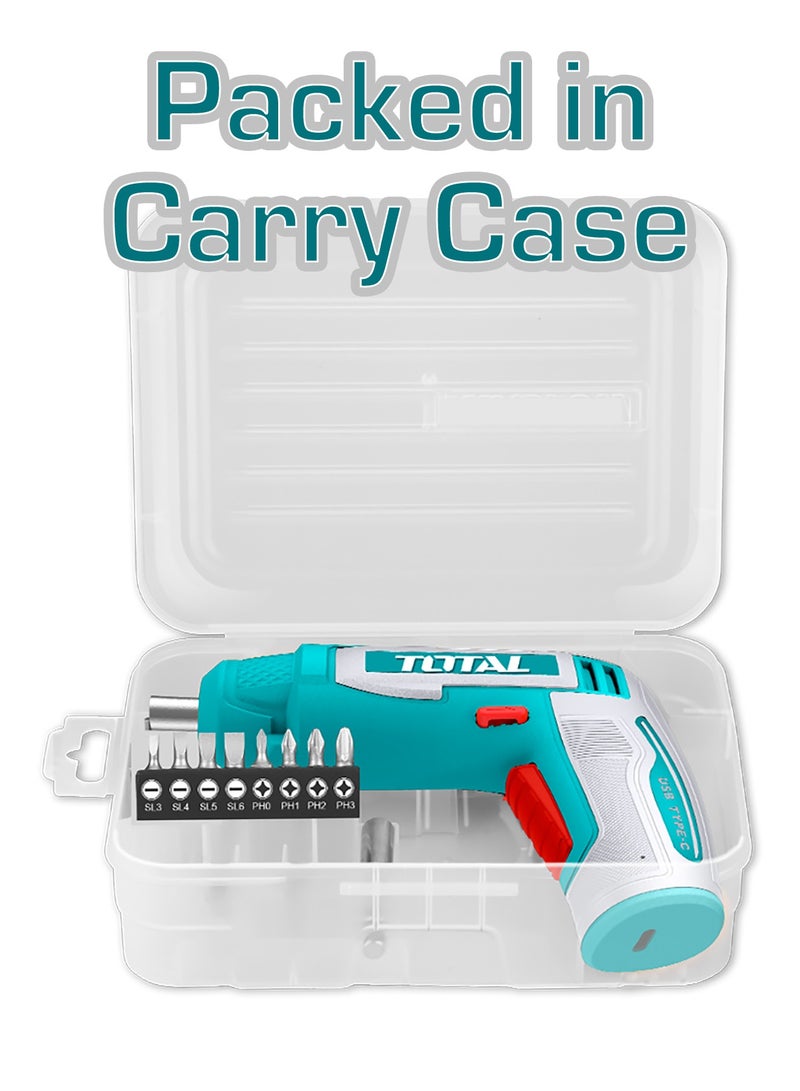 TOTAL 4V Cordless Screwdriver - Compact 1/4" Hex Electric Driver with USB-C Charging, 240RPM, 4N.m Torque & 10-Piece Bit Set - TSDLI0458 - Image 4