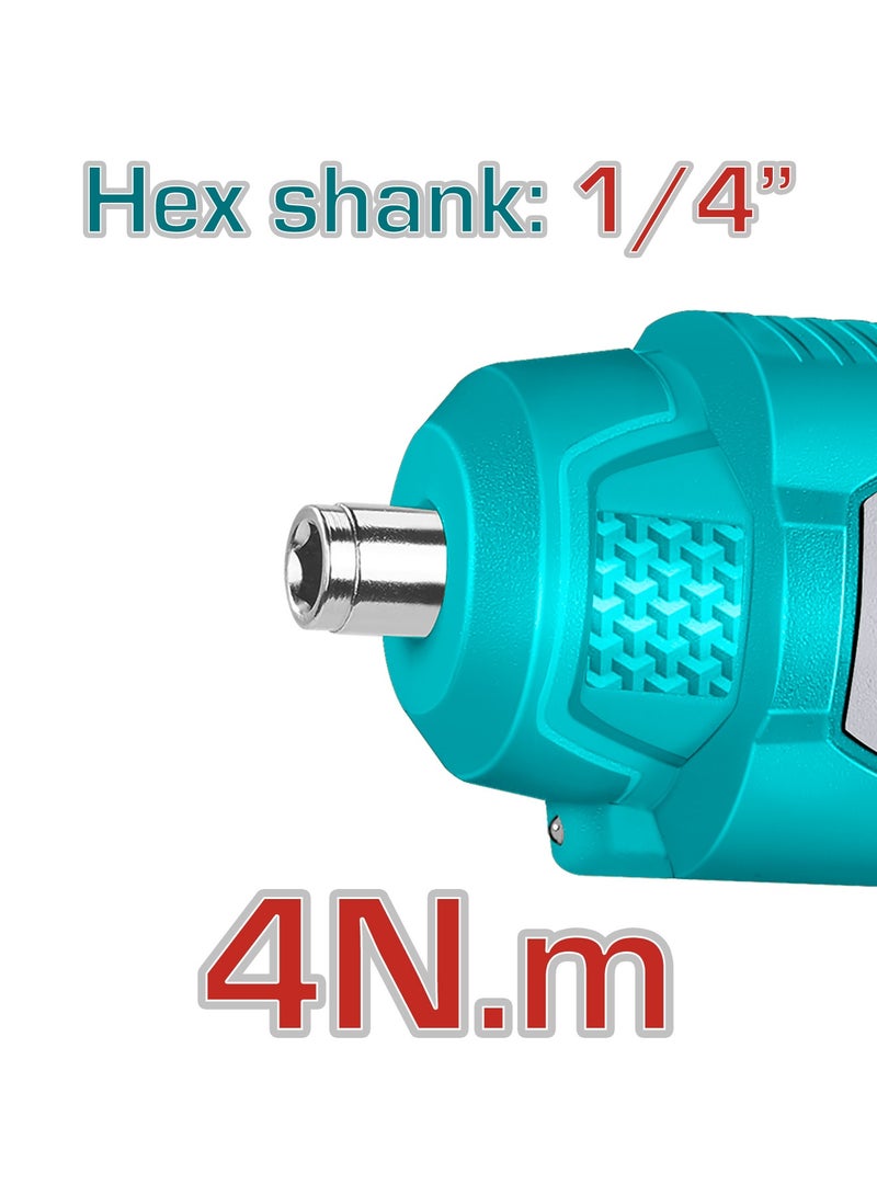 TOTAL 4V Cordless Screwdriver - Compact 1/4" Hex Electric Driver with USB-C Charging, 240RPM, 4N.m Torque & 10-Piece Bit Set - TSDLI0458 - Image 3