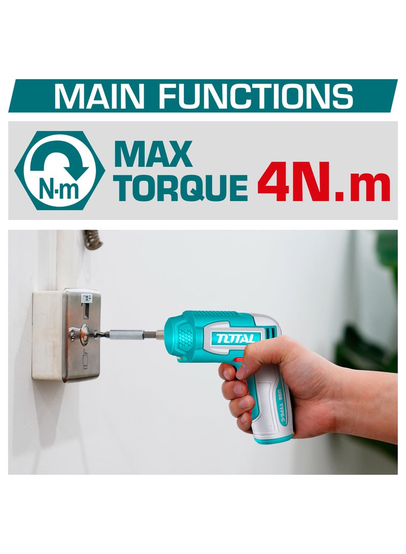 TOTAL 4V Cordless Screwdriver - Compact 1/4" Hex Electric Driver with USB-C Charging, 240RPM, 4N.m Torque & 10-Piece Bit Set - TSDLI0458 - Image 2