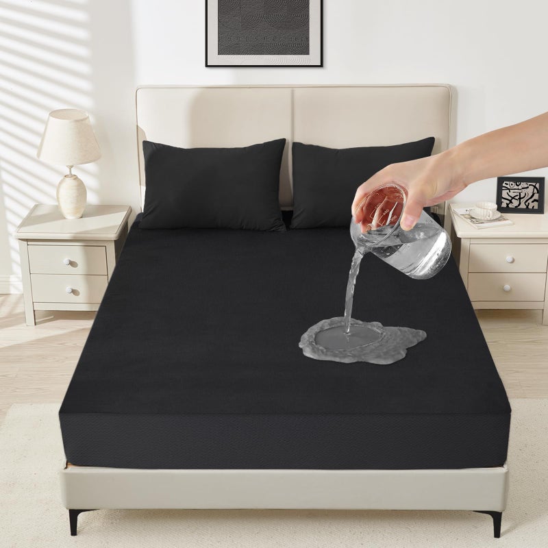 Sufdari Waterproof Mattress Protector Queen Size Noiseless Mattress Cover with 18 Deep Pocket Bed Bug Proof and Waterproof Fitted Sheets Machine Washable Mattress Protectors Black
