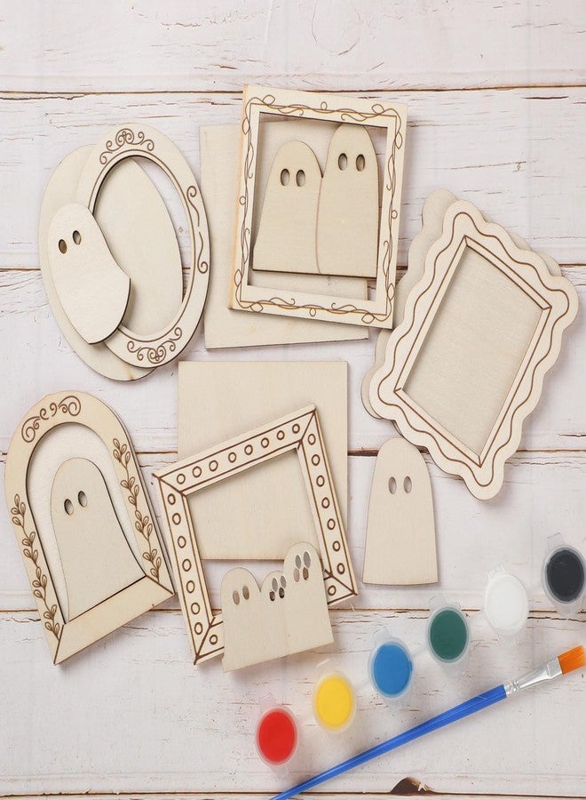 Geelin 15 Pcs Wood Ghost DIY Frames Decorating Craft with Paint and Brush Unfinished Wooden Gift Ornaments Cute Ghost for Halloween Craft Art Party Supplies, Not Include Glue - Image 1