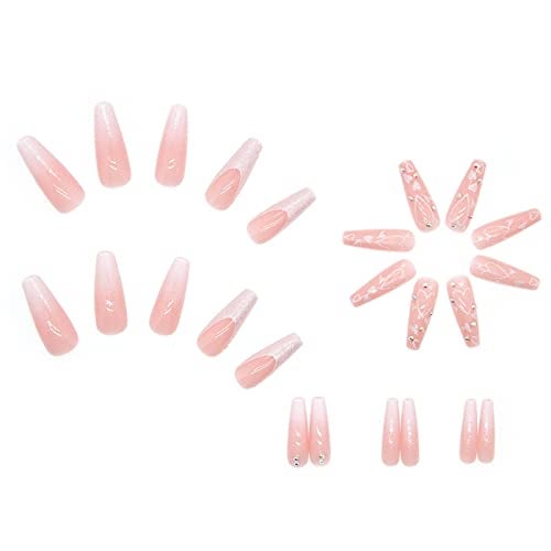 Hkanlre French Pink Press on Nails Coffin Long Heart Fake Nails Flower Full Cover Ballerina Shiny False Nails for Women and Girls 24PCS - Image 5