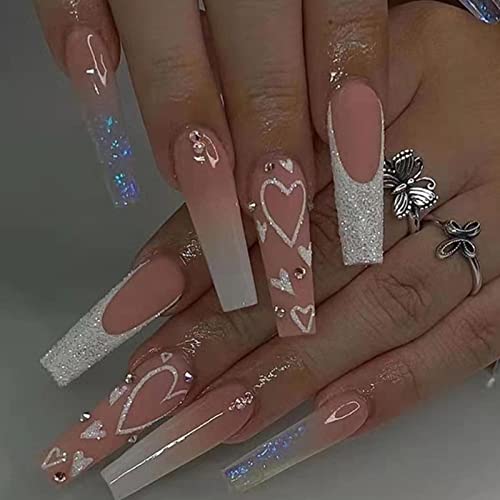 Hkanlre French Pink Press on Nails Coffin Long Heart Fake Nails Flower Full Cover Ballerina Shiny False Nails for Women and Girls 24PCS - Image 2