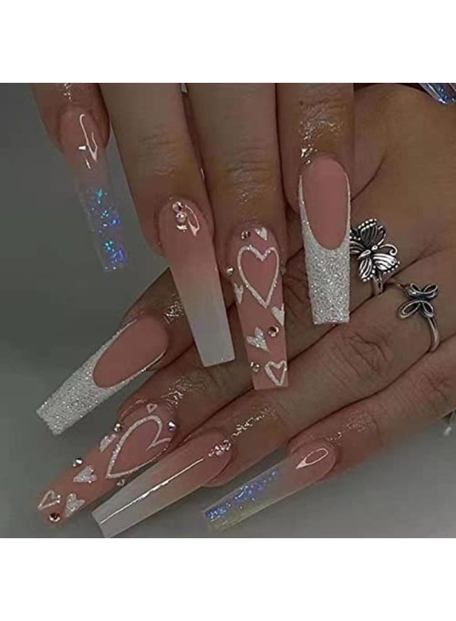 Hkanlre French Pink Press on Nails Coffin Long Heart Fake Nails Flower Full Cover Ballerina Shiny False Nails for Women and Girls 24PCS - Image 1