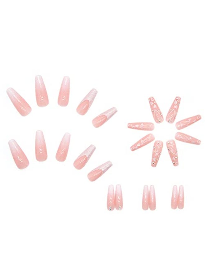 Hkanlre French Pink Press on Nails Coffin Long Heart Fake Nails Flower Full Cover Ballerina Shiny False Nails for Women and Girls 24PCS - Image 4
