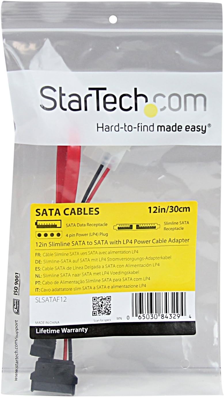 StarTech.com 12in Slimline SATA to SATA with LP4 Power Cable Adapter - Red - Image 2
