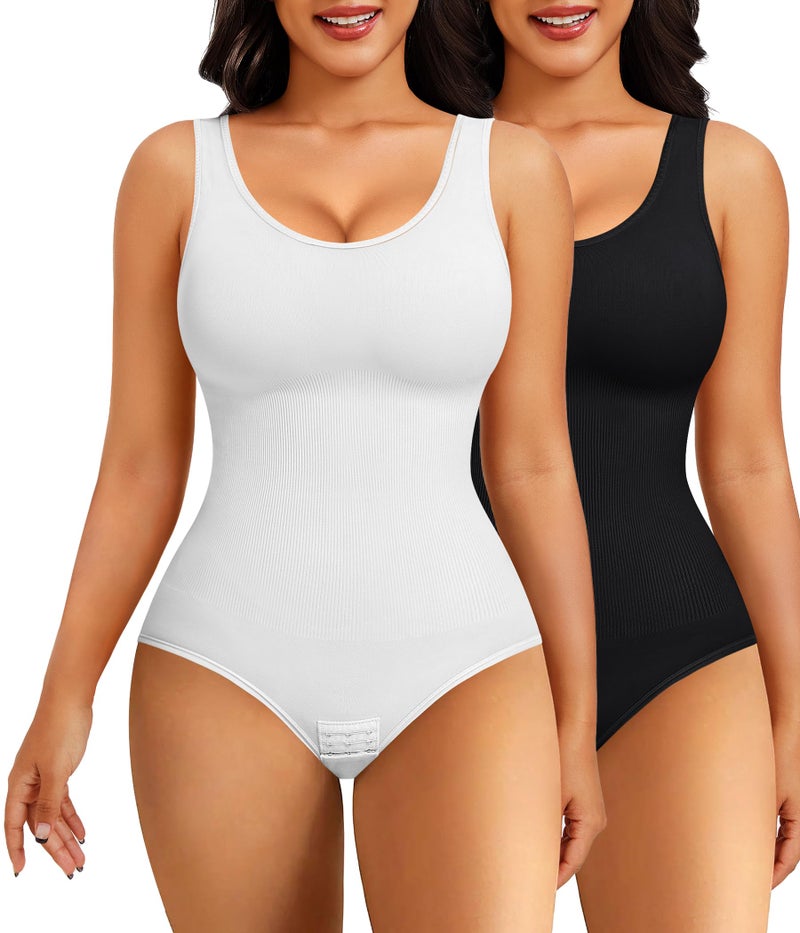 Nebility 2 Piece Shapewear Bodysuit for Women Tummy Control Slim Fit Sleeveless Round Neck Body Suit(Black/White 2pk,Medium-Large) - Image 1
