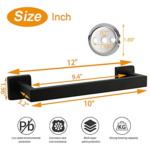 TocTen Bath Towel Rack - Square Base Thicken SUS304 Stainless Steel Towel Bar for Bathroom, Bathroom Accessories Towel Rod Heavy Duty Wall Mounted Towel Holder. (Black, 12) - Image 2