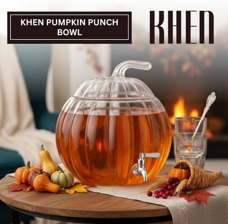 Khen Glass Pumpkin Drink Dispenser 2 Gallon | Thanksgiving & Winter Beverage Server with Spigot | Clear Pumpkin Punch Bowl for Winter Parties, Harvest Gatherings, Kitchen Bar & Holiday Drink Station Decor - Image 2