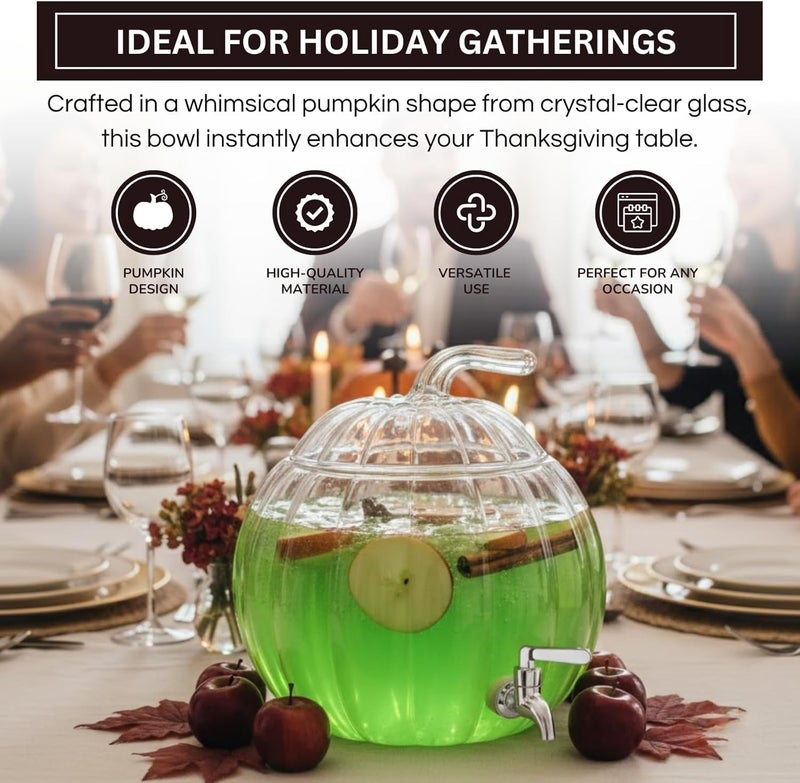 Khen Glass Pumpkin Drink Dispenser 2 Gallon | Thanksgiving & Winter Beverage Server with Spigot | Clear Pumpkin Punch Bowl for Winter Parties, Harvest Gatherings, Kitchen Bar & Holiday Drink Station Decor - Image 4