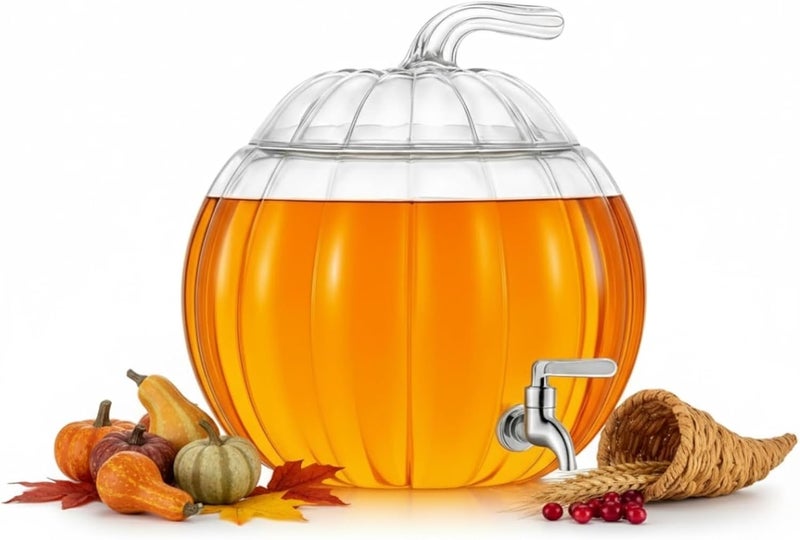 Khen Glass Pumpkin Drink Dispenser 2 Gallon | Thanksgiving & Winter Beverage Server with Spigot | Clear Pumpkin Punch Bowl for Winter Parties, Harvest Gatherings, Kitchen Bar & Holiday Drink Station Decor - Image 1