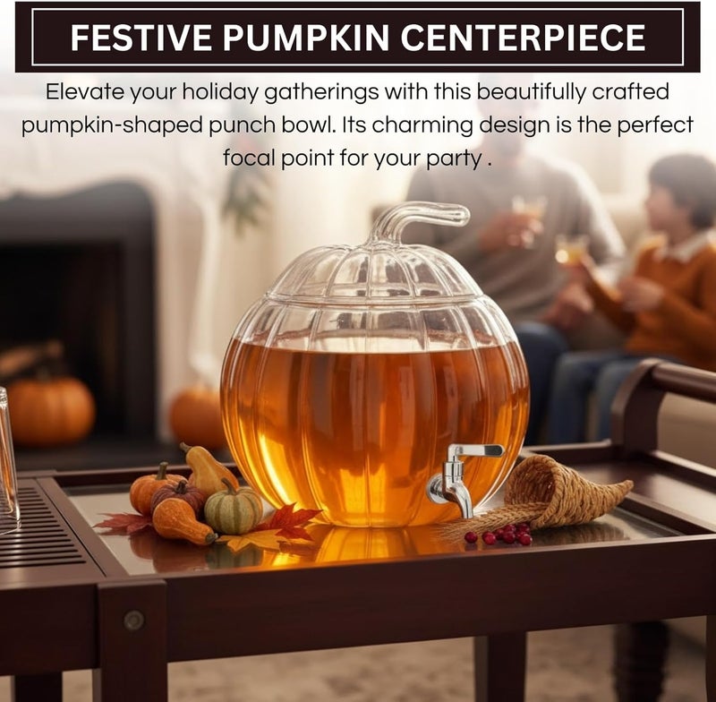 Khen Glass Pumpkin Drink Dispenser 2 Gallon | Thanksgiving & Winter Beverage Server with Spigot | Clear Pumpkin Punch Bowl for Winter Parties, Harvest Gatherings, Kitchen Bar & Holiday Drink Station Decor - Image 3