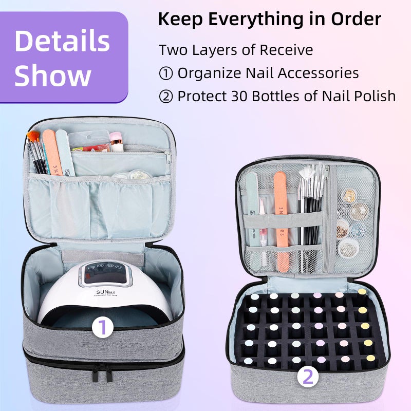 ALSLEA Nail Polish Organizer Holds 30 Bottles (15ml - 0.5 fl.oz) Double-layer Gel Nail Polish Kit Carrying Case, Nail Holder for Nail Lamp, Portable Nail Organizer and Storage for Nail Supplies (Gray) - Image 4