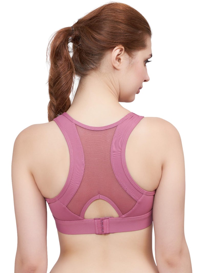 PLUMBURY Women's Padded Sports Bra with Mesh Racerback for Gym/Yoga/Workout, Size XL, Pink - Image 1