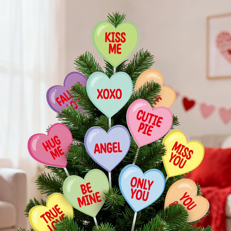 ARQRHTLY Valentineâ€™s Day Decorations Tree Ornaments, 12 Pcs Large Conversation Candy Heart San Valentine Tree Picks Ornaments with Sweet Love Words for Valentine Wedding Anniversary Home Decor - Image 1