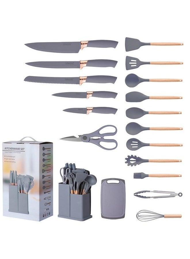 Hanayo 19 Pcs Knife and Kitchenware Set Kitchen Cooking Utensils Set Heat-resistant Silicone Tool Set with Wooden Handle Non-Stick Spoon Spatula Cooking Kitchen Tool Set(Grey) - Image 2