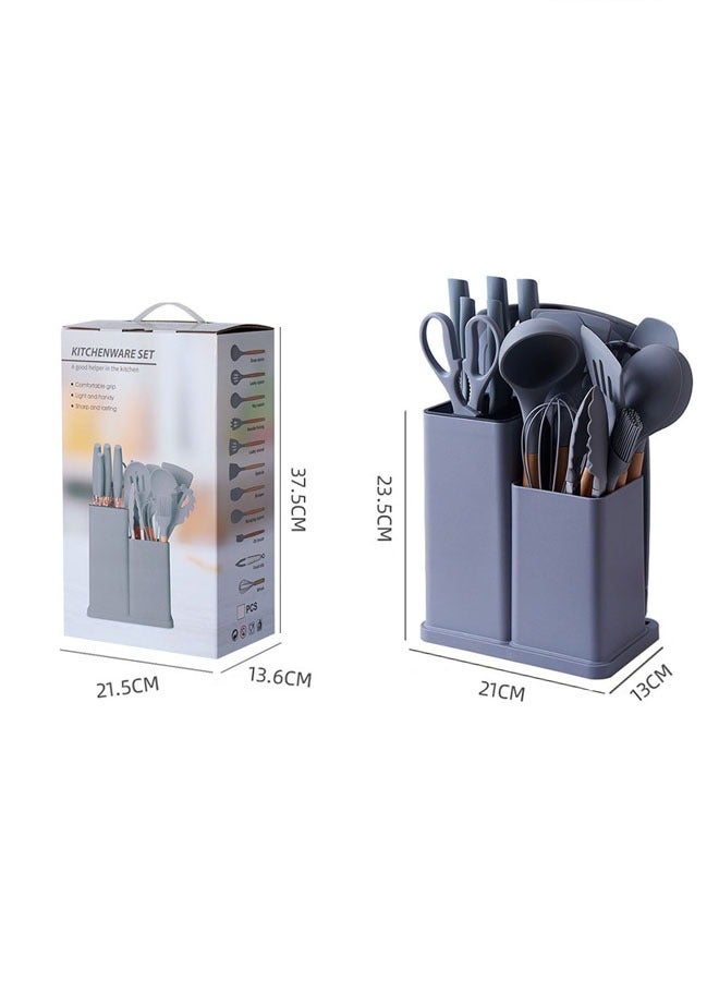 Hanayo 19 Pcs Knife and Kitchenware Set Kitchen Cooking Utensils Set Heat-resistant Silicone Tool Set with Wooden Handle Non-Stick Spoon Spatula Cooking Kitchen Tool Set(Grey) - Image 3