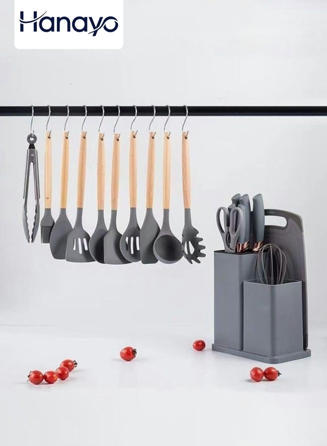 Hanayo 19 Pcs Knife and Kitchenware Set Kitchen Cooking Utensils Set Heat-resistant Silicone Tool Set with Wooden Handle Non-Stick Spoon Spatula Cooking Kitchen Tool Set(Grey) - Image 1