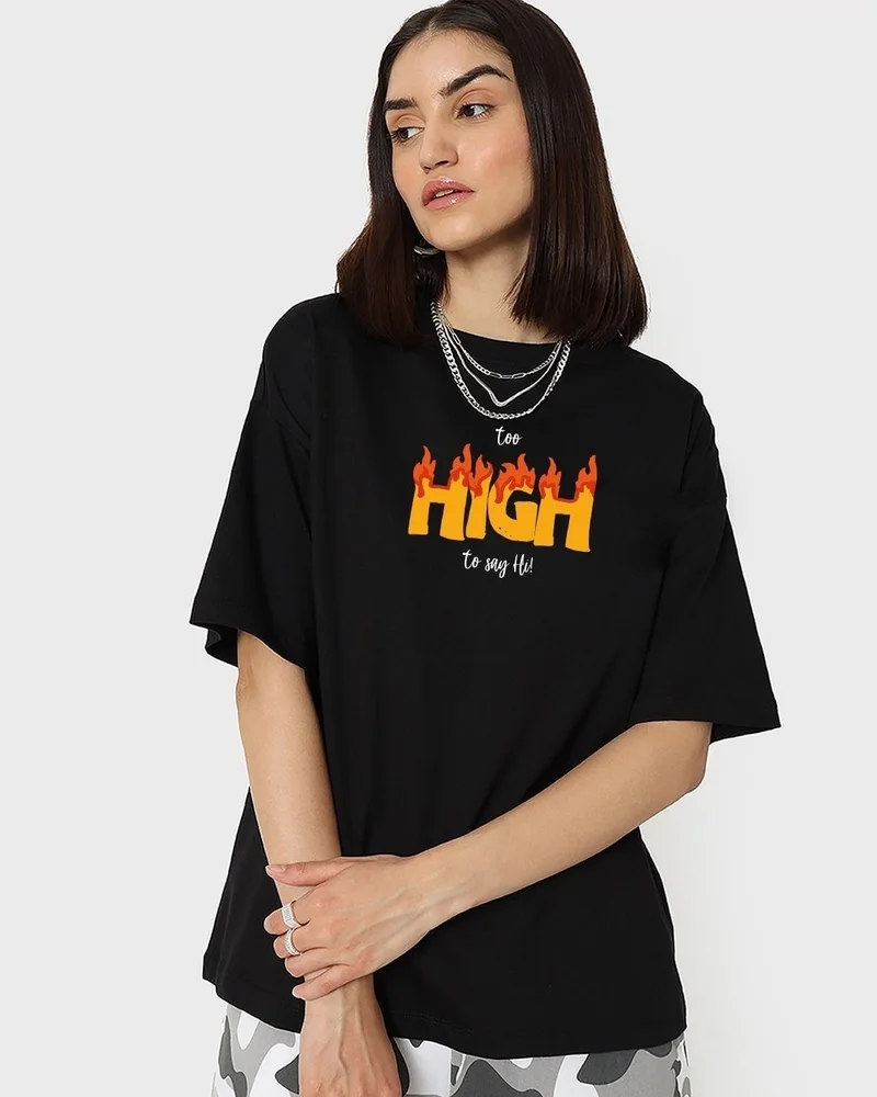 bewakoof Women's Black Too High Typography Oversized T-shirt