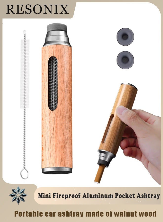 RESONIX Portable Car Ashtray with Walnut Lid - Mini Fireproof Aluminum Pocket Ashtray with Storage Bag and Cleaning Brush, Travel Ash Holder for Car, Outdoor and Indoor Smoking (Silver) - Image 1