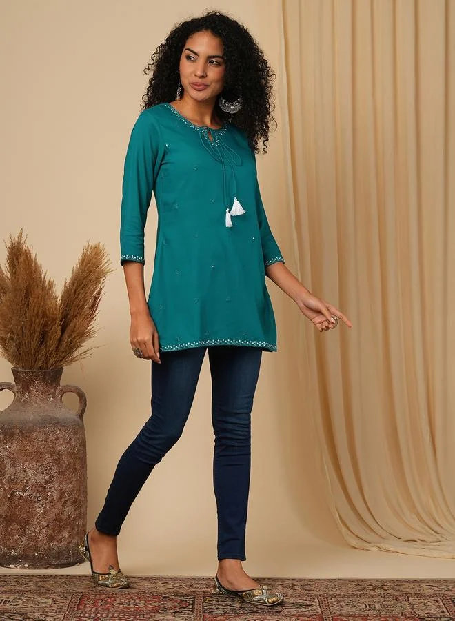 globus Globus Green Embellished Tie -Up Workwear Tunic