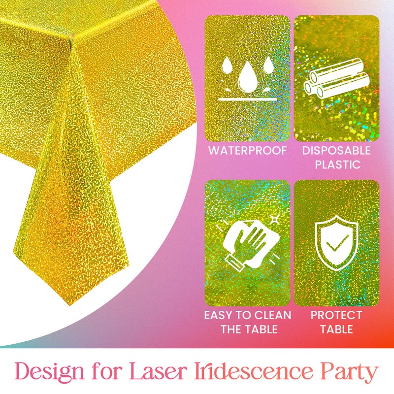 Just Shimmer Sparkling Holographic Laser Tablecloth - Shimmering, Waterproof, Easy to Clean - Ideal for Halloween Bachelorette, Mermaid, Birthday, Wedding, and Anniversary Party Decorations (Black & Gold, 2) - Image 5