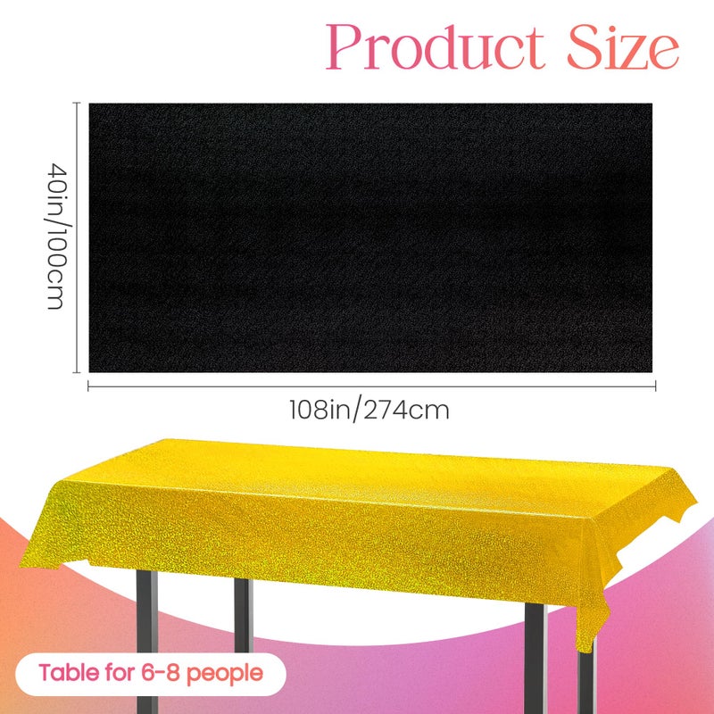 Just Shimmer Sparkling Holographic Laser Tablecloth - Shimmering, Waterproof, Easy to Clean - Ideal for Halloween Bachelorette, Mermaid, Birthday, Wedding, and Anniversary Party Decorations (Black & Gold, 2) - Image 2