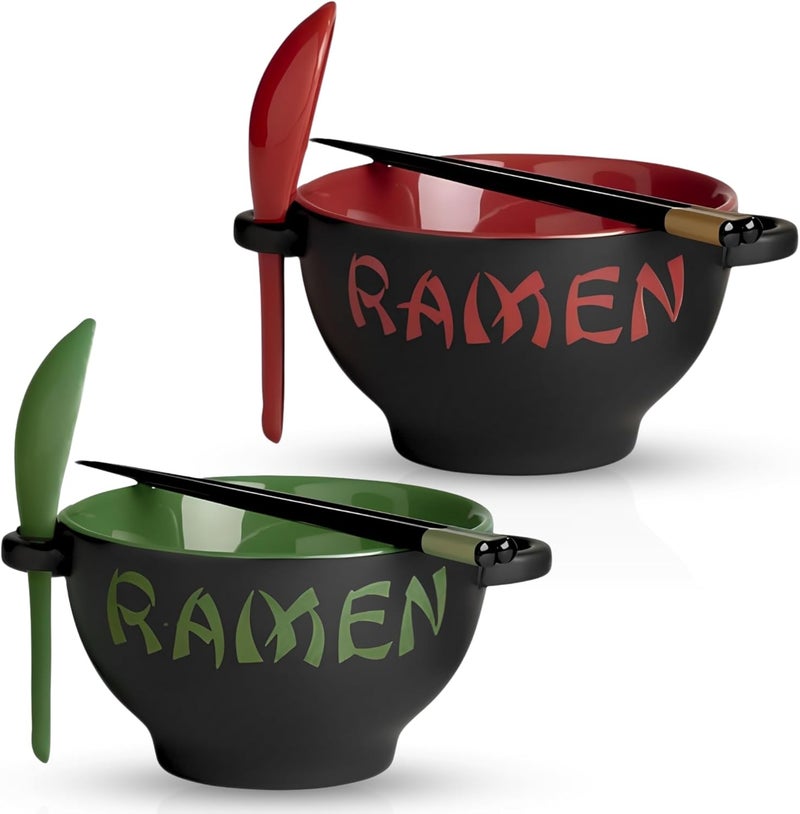 Goodscious Red  Green Ceramic Ramen Bowl Set with Chopsticks and Spoon  Set of 2 Microwavable Kitchen Noodle Bowl for Instant Noodles Pho Udon Noodles Miso Soup  Japanese Ramen Bowls Ceramic Gifts 21 oz - Image 1