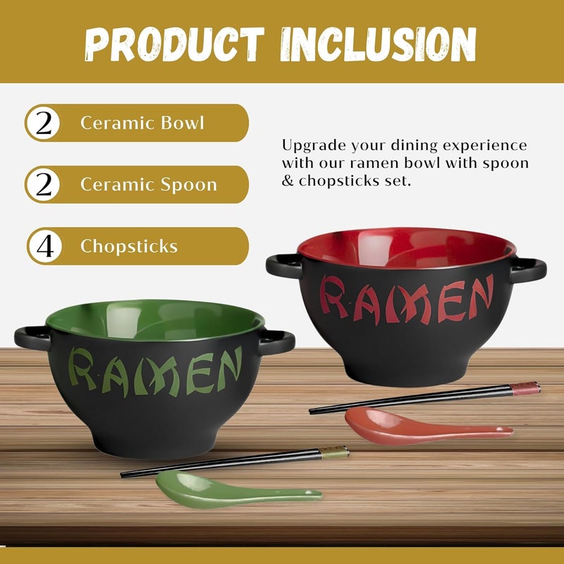 Goodscious Red  Green Ceramic Ramen Bowl Set with Chopsticks and Spoon  Set of 2 Microwavable Kitchen Noodle Bowl for Instant Noodles Pho Udon Noodles Miso Soup  Japanese Ramen Bowls Ceramic Gifts 21 oz - Image 4