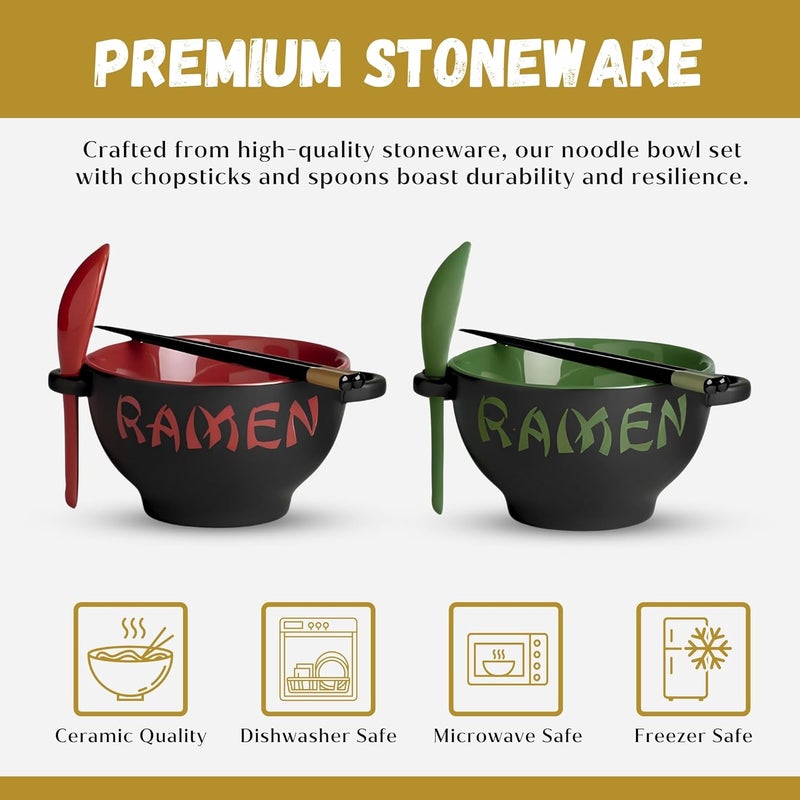 Goodscious Red  Green Ceramic Ramen Bowl Set with Chopsticks and Spoon  Set of 2 Microwavable Kitchen Noodle Bowl for Instant Noodles Pho Udon Noodles Miso Soup  Japanese Ramen Bowls Ceramic Gifts 21 oz - Image 2