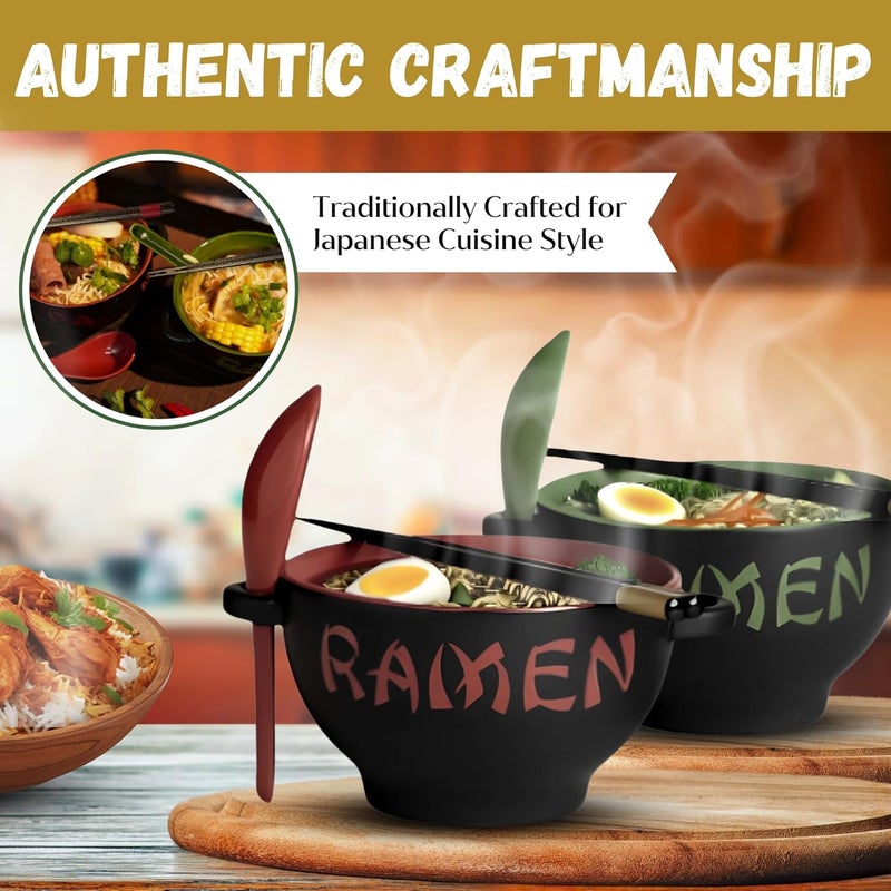 Goodscious Red  Green Ceramic Ramen Bowl Set with Chopsticks and Spoon  Set of 2 Microwavable Kitchen Noodle Bowl for Instant Noodles Pho Udon Noodles Miso Soup  Japanese Ramen Bowls Ceramic Gifts 21 oz - Image 5