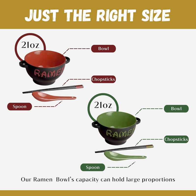 Goodscious Red  Green Ceramic Ramen Bowl Set with Chopsticks and Spoon  Set of 2 Microwavable Kitchen Noodle Bowl for Instant Noodles Pho Udon Noodles Miso Soup  Japanese Ramen Bowls Ceramic Gifts 21 oz - Image 3