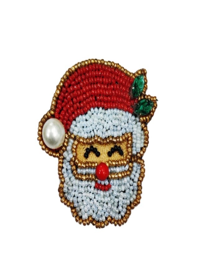 Abeo India Christmas Santa Claus Brooch, Handmade Beaded Design, 8.9 cm x 6.4 cm, Red and Gold - Image 1