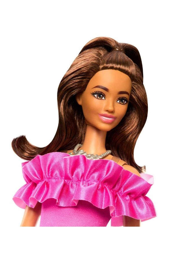 Barbie 65Th Anniversary Fashionistas #217 Brown Wavy Hair Doll With Pink Dress  - Image 1